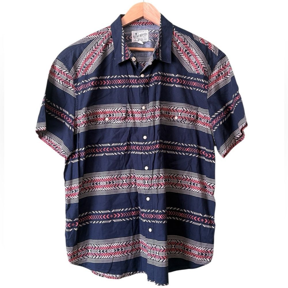 Lucky Brand Short Sleeve Button Up Shirt Navy Western Aztec Snap Closure Sz XL